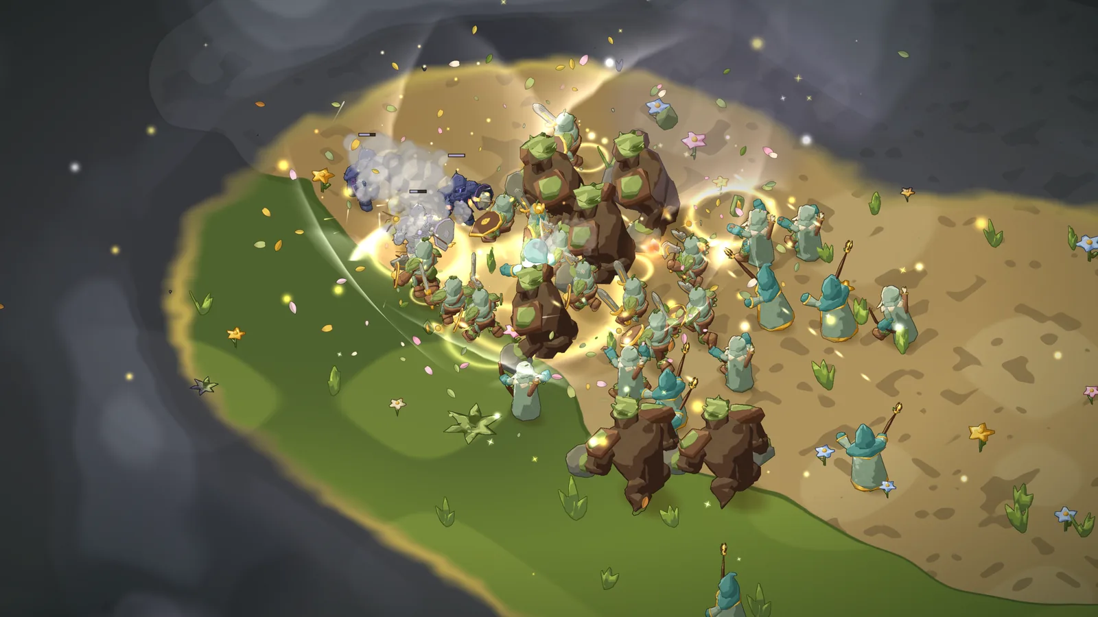 Summons and their spells in the forest, ringed by the grey fog.