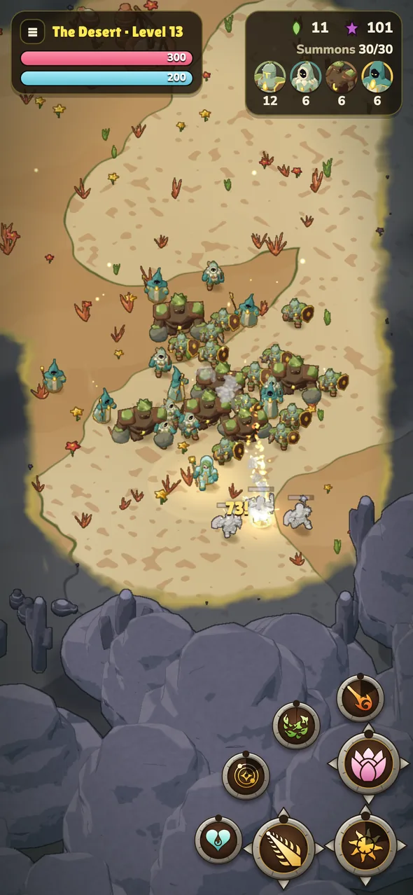 Bloom Summoner on a phone: thirty summons in the desert, with the health bars, the army count and the spell buttons.