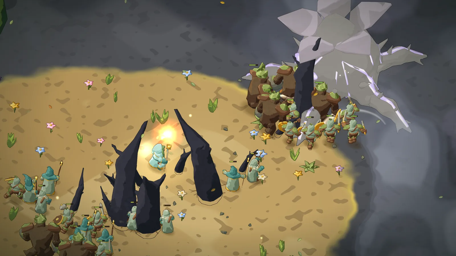 Dark, hooked roots burst out of the ground among the summons as the Rotroot, a Guardian, strikes.